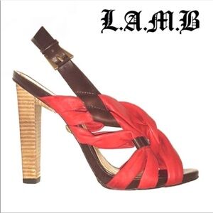 L.A.M.B red brown twisted leather straps open toe sling back wood high heel 10M